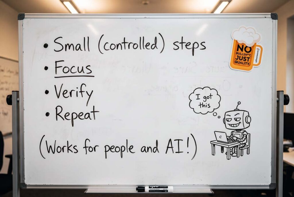 Software Sauna's whiteboard describing process for handling AI agents